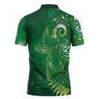 Aotearoa New Zealand New Year Zipper Polo Shirt Tribal Koru Tattoo Green Galaxy Maori Silver Fern