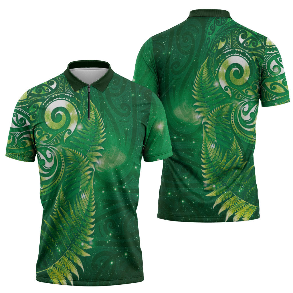 Aotearoa New Zealand New Year Zipper Polo Shirt Tribal Koru Tattoo Green Galaxy Maori Silver Fern
