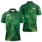 Aotearoa New Zealand New Year Zipper Polo Shirt Tribal Koru Tattoo Green Galaxy Maori Silver Fern