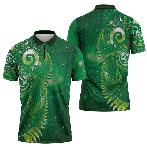 Aotearoa New Zealand New Year Zipper Polo Shirt Tribal Koru Tattoo Green Galaxy Maori Silver Fern