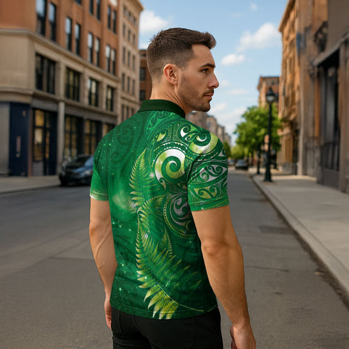 Aotearoa New Zealand New Year Zipper Polo Shirt Tribal Koru Tattoo Green Galaxy Maori Silver Fern