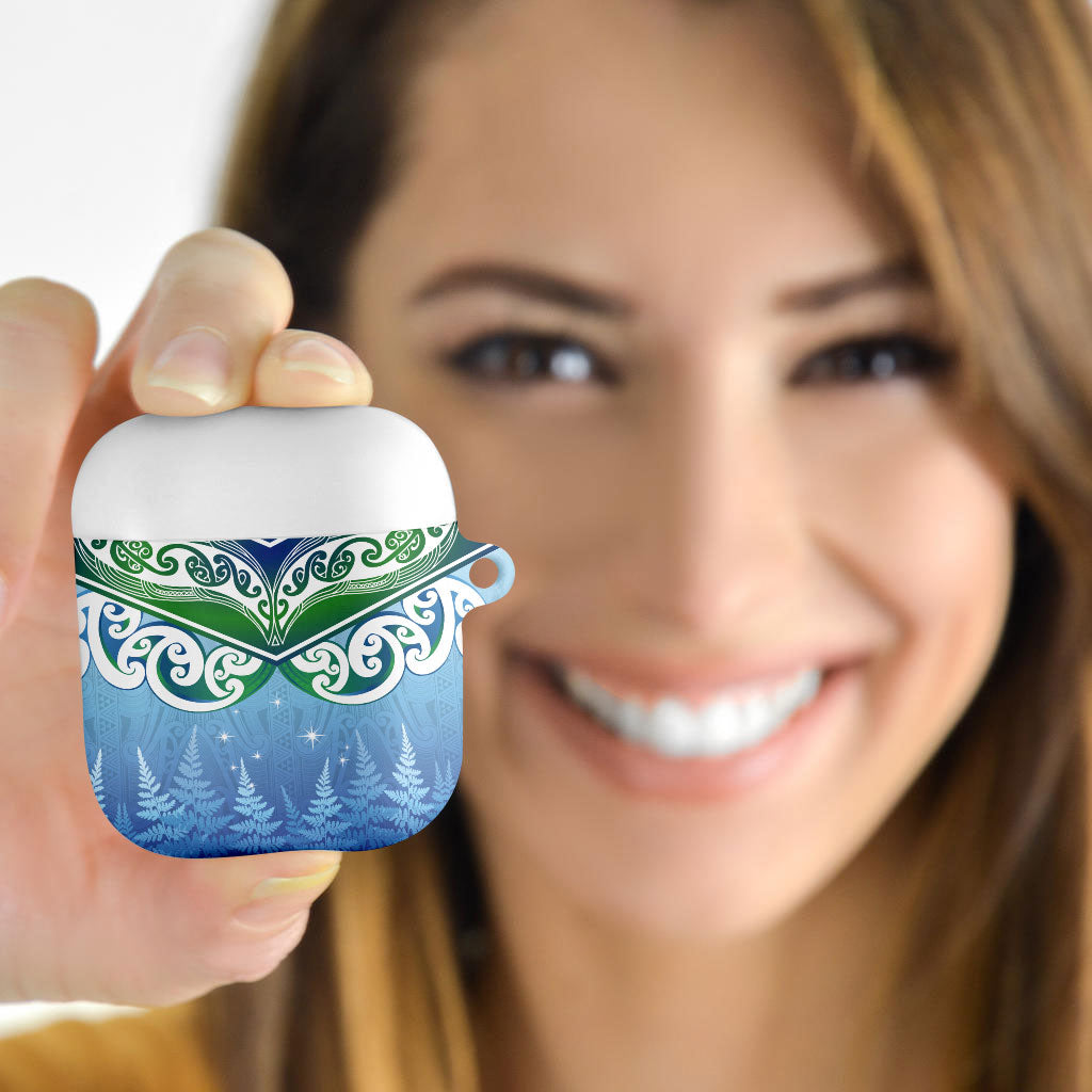Aotearoa New Zealand New Year AirPods Case Maori Motifs with Silver Fern and Matariki Stars