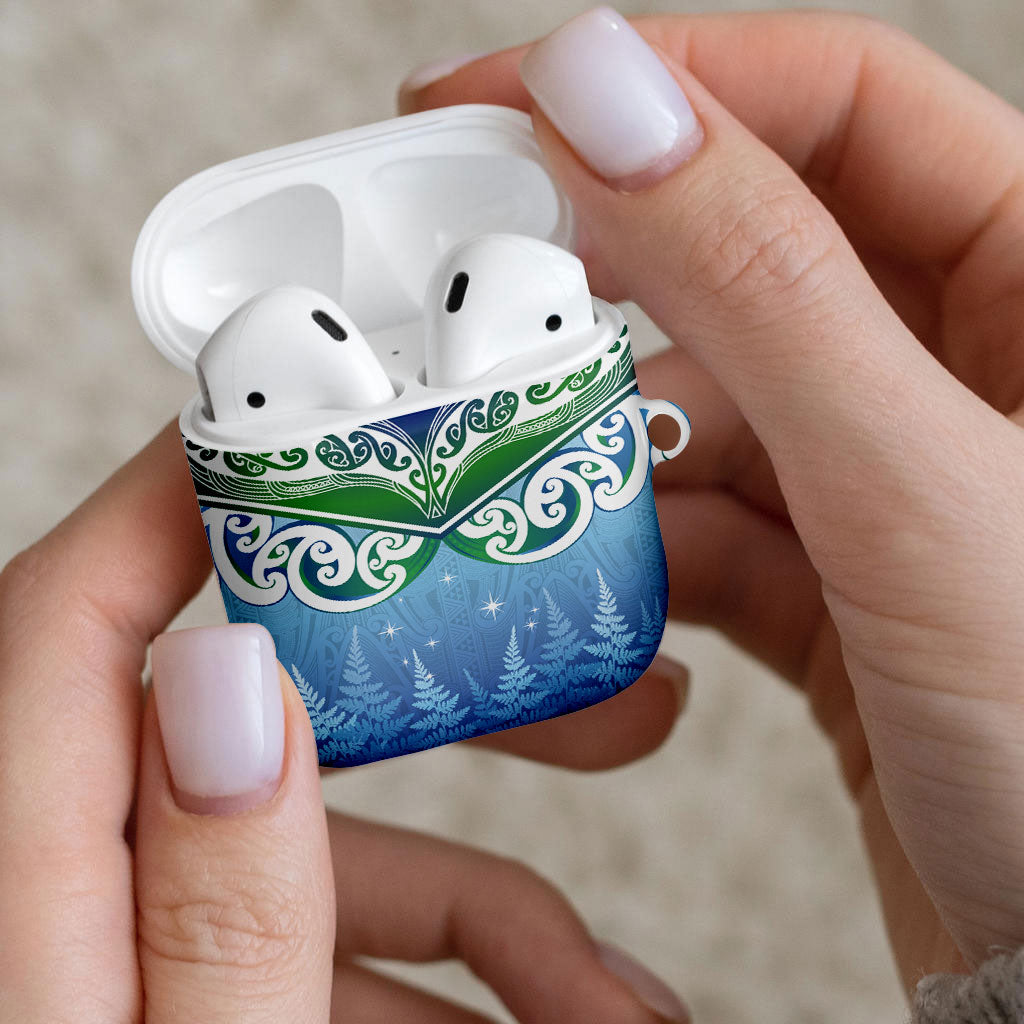 Aotearoa New Zealand New Year AirPods Case Maori Motifs with Silver Fern and Matariki Stars