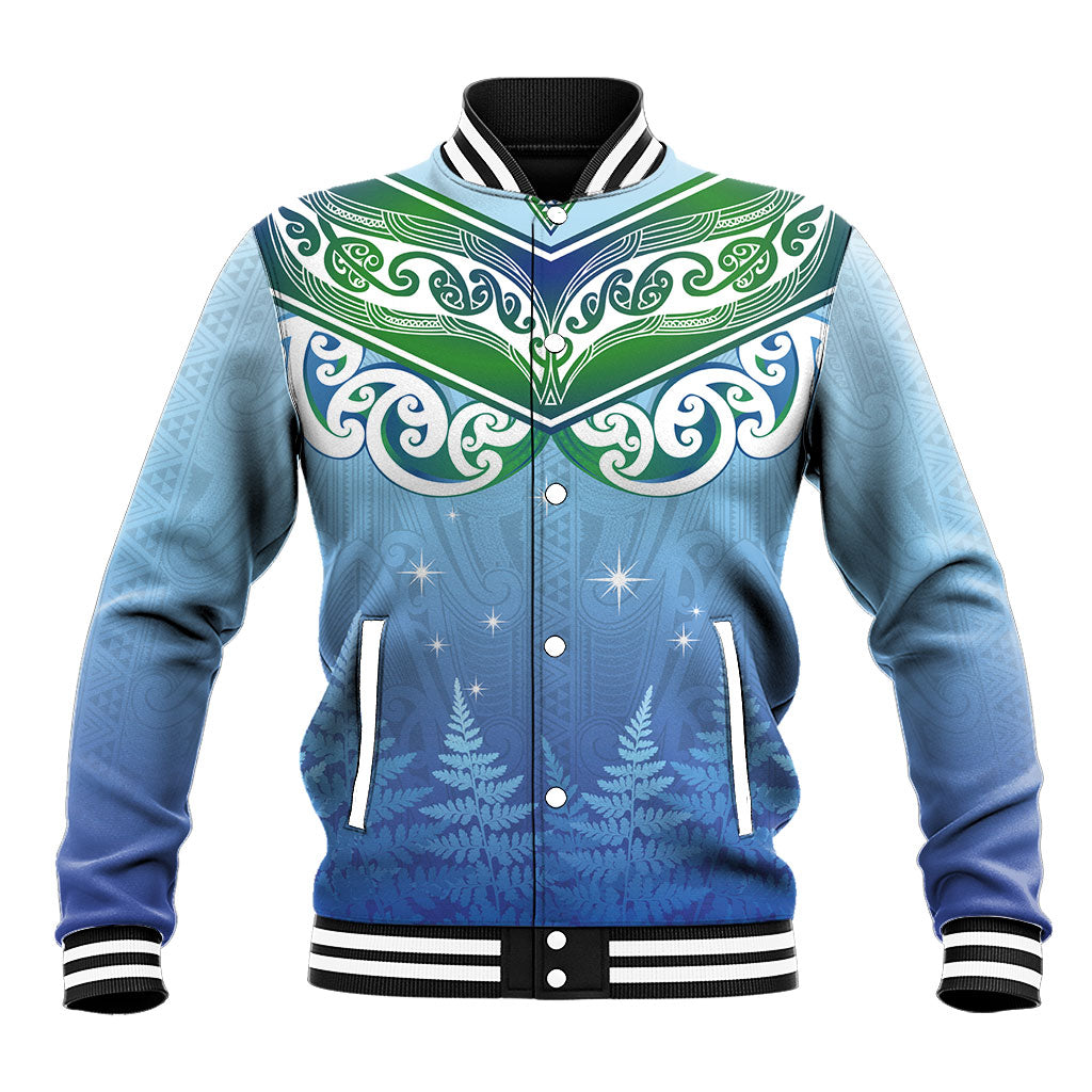 Aotearoa New Zealand New Year Baseball Jacket Maori Motifs with Silver Fern and Matariki Stars