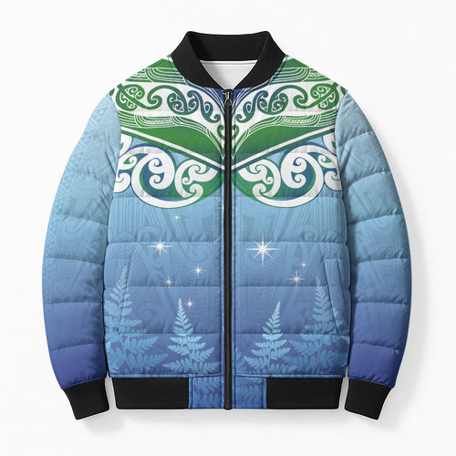 Aotearoa New Zealand New Year Bomber Puffer Jacket Maori Motifs with Silver Fern and Matariki Stars
