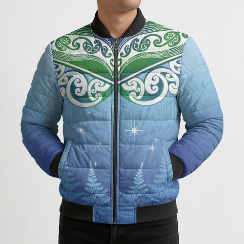 Aotearoa New Zealand New Year Bomber Puffer Jacket Maori Motifs with Silver Fern and Matariki Stars