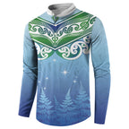 Aotearoa New Zealand New Year Button Sweatshirt Maori Motifs with Silver Fern and Matariki Stars