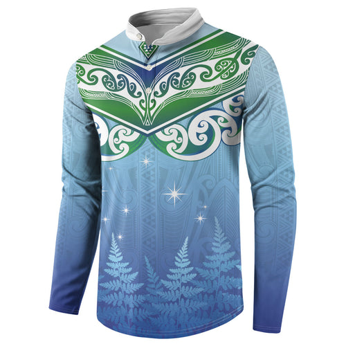 Aotearoa New Zealand New Year Button Sweatshirt Maori Motifs with Silver Fern and Matariki Stars