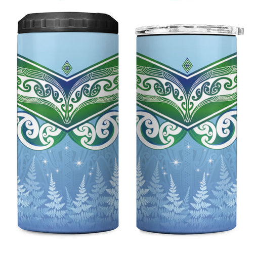 Aotearoa New Zealand New Year 4 in 1 Can Cooler Tumbler Maori Motifs with Silver Fern and Matariki Stars