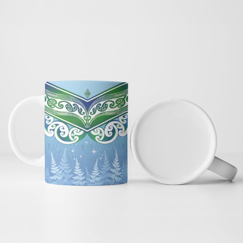 Aotearoa New Zealand New Year Ceramic Mug Maori Motifs with Silver Fern and Matariki Stars