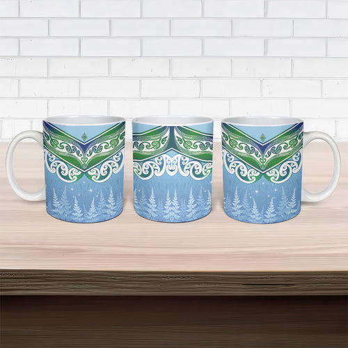Aotearoa New Zealand New Year Ceramic Mug Maori Motifs with Silver Fern and Matariki Stars