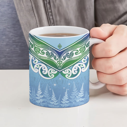 Aotearoa New Zealand New Year Ceramic Mug Maori Motifs with Silver Fern and Matariki Stars