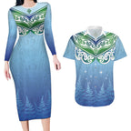 Aotearoa New Zealand New Year Couples Matching Long Sleeve Bodycon Dress and Hawaiian Shirt Maori Motifs with Silver Fern and Matariki Stars