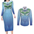 Aotearoa New Zealand New Year Couples Matching Long Sleeve Bodycon Dress and Long Sleeve Button Shirt Maori Motifs with Silver Fern and Matariki Stars