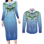 Aotearoa New Zealand New Year Couples Matching Long Sleeve Bodycon Dress and Long Sleeve Button Shirt Maori Motifs with Silver Fern and Matariki Stars