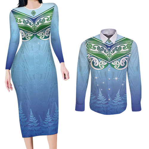 Aotearoa New Zealand New Year Couples Matching Long Sleeve Bodycon Dress and Long Sleeve Button Shirt Maori Motifs with Silver Fern and Matariki Stars