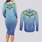 Aotearoa New Zealand New Year Couples Matching Long Sleeve Bodycon Dress and Long Sleeve Button Shirt Maori Motifs with Silver Fern and Matariki Stars