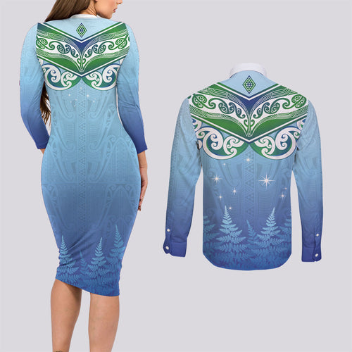Aotearoa New Zealand New Year Couples Matching Long Sleeve Bodycon Dress and Long Sleeve Button Shirt Maori Motifs with Silver Fern and Matariki Stars