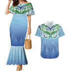 Aotearoa New Zealand New Year Couples Matching Mermaid Dress and Hawaiian Shirt Maori Motifs with Silver Fern and Matariki Stars