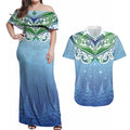 Aotearoa New Zealand New Year Couples Matching Off Shoulder Maxi Dress and Hawaiian Shirt Maori Motifs with Silver Fern and Matariki Stars