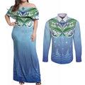 Aotearoa New Zealand New Year Couples Matching Off Shoulder Maxi Dress and Long Sleeve Button Shirt Maori Motifs with Silver Fern and Matariki Stars