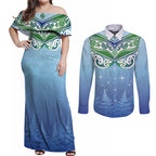 Aotearoa New Zealand New Year Couples Matching Off Shoulder Maxi Dress and Long Sleeve Button Shirt Maori Motifs with Silver Fern and Matariki Stars
