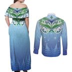 Aotearoa New Zealand New Year Couples Matching Off Shoulder Maxi Dress and Long Sleeve Button Shirt Maori Motifs with Silver Fern and Matariki Stars