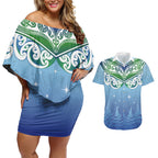 Aotearoa New Zealand New Year Couples Matching Off Shoulder Short Dress and Hawaiian Shirt Maori Motifs with Silver Fern and Matariki Stars