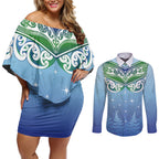 Aotearoa New Zealand New Year Couples Matching Off Shoulder Short Dress and Long Sleeve Button Shirt Maori Motifs with Silver Fern and Matariki Stars