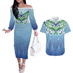 Aotearoa New Zealand New Year Couples Matching Off The Shoulder Long Sleeve Dress and Hawaiian Shirt Maori Motifs with Silver Fern and Matariki Stars