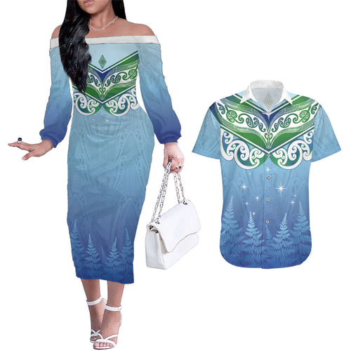 Aotearoa New Zealand New Year Couples Matching Off The Shoulder Long Sleeve Dress and Hawaiian Shirt Maori Motifs with Silver Fern and Matariki Stars