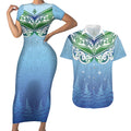 Aotearoa New Zealand New Year Couples Matching Short Sleeve Bodycon Dress and Hawaiian Shirt Maori Motifs with Silver Fern and Matariki Stars