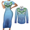 Aotearoa New Zealand New Year Couples Matching Short Sleeve Bodycon Dress and Long Sleeve Button Shirt Maori Motifs with Silver Fern and Matariki Stars