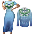 Aotearoa New Zealand New Year Couples Matching Short Sleeve Bodycon Dress and Long Sleeve Button Shirt Maori Motifs with Silver Fern and Matariki Stars
