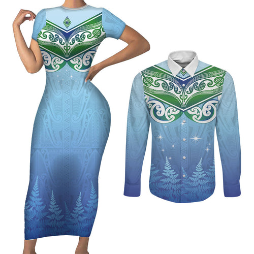 Aotearoa New Zealand New Year Couples Matching Short Sleeve Bodycon Dress and Long Sleeve Button Shirt Maori Motifs with Silver Fern and Matariki Stars