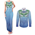 Aotearoa New Zealand New Year Couples Matching Tank Maxi Dress and Long Sleeve Button Shirt Maori Motifs with Silver Fern and Matariki Stars