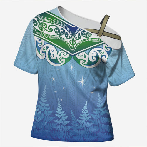 Aotearoa New Zealand New Year Cross Shoulder Shirt Maori Motifs with Silver Fern and Matariki Stars