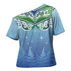 Aotearoa New Zealand New Year Cross Shoulder Shirt Maori Motifs with Silver Fern and Matariki Stars