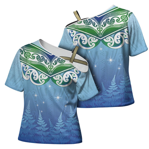 Aotearoa New Zealand New Year Cross Shoulder Shirt Maori Motifs with Silver Fern and Matariki Stars