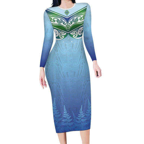 Aotearoa New Zealand New Year Family Matching Long Sleeve Bodycon Dress and Hawaiian Shirt Maori Motifs with Silver Fern and Matariki Stars