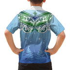 Aotearoa New Zealand New Year Family Matching Off The Shoulder Long Sleeve Dress and Hawaiian Shirt Maori Motifs with Silver Fern and Matariki Stars