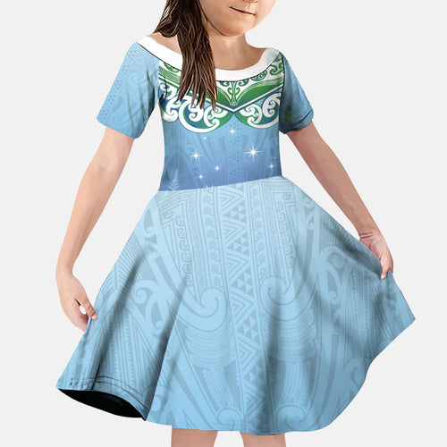Aotearoa New Zealand New Year Family Matching Off The Shoulder Long Sleeve Dress and Hawaiian Shirt Maori Motifs with Silver Fern and Matariki Stars