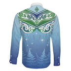 Aotearoa New Zealand New Year Family Matching Off The Shoulder Long Sleeve Dress and Hawaiian Shirt Maori Motifs with Silver Fern and Matariki Stars