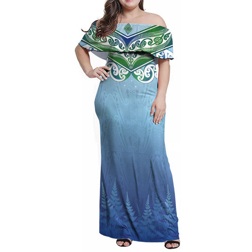 Aotearoa New Zealand New Year Family Matching Off Shoulder Maxi Dress and Hawaiian Shirt Maori Motifs with Silver Fern and Matariki Stars
