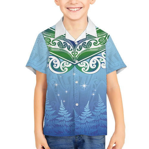 Aotearoa New Zealand New Year Family Matching Off Shoulder Maxi Dress and Hawaiian Shirt Maori Motifs with Silver Fern and Matariki Stars