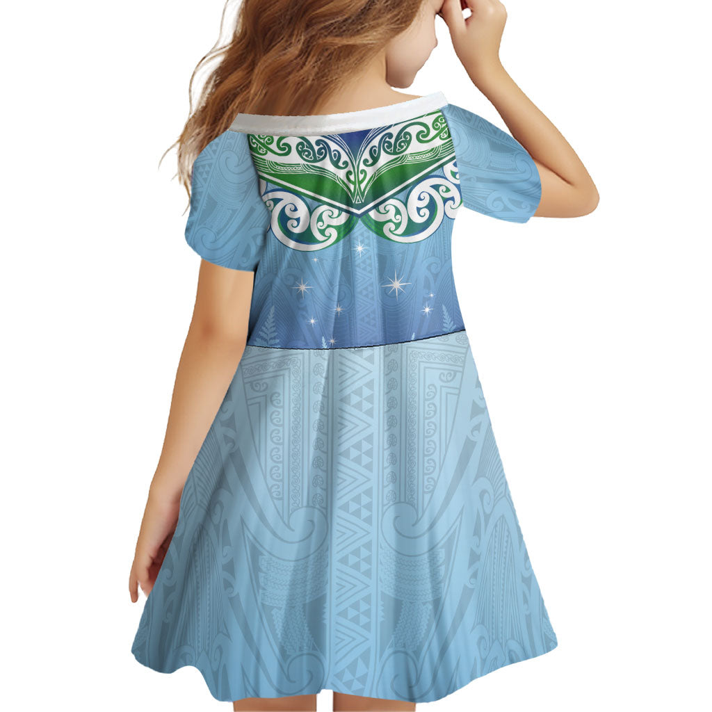 Aotearoa New Zealand New Year Family Matching Off Shoulder Short Dress and Hawaiian Shirt Maori Motifs with Silver Fern and Matariki Stars