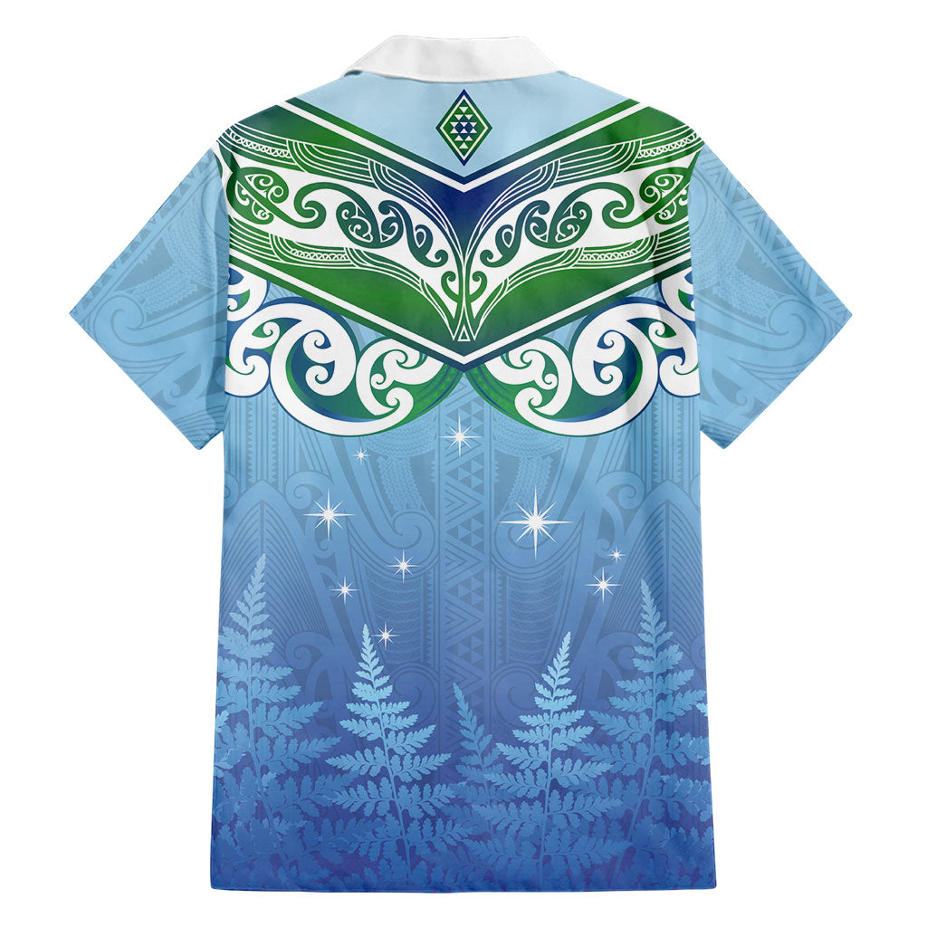 Aotearoa New Zealand New Year Family Matching Off Shoulder Short Dress and Hawaiian Shirt Maori Motifs with Silver Fern and Matariki Stars