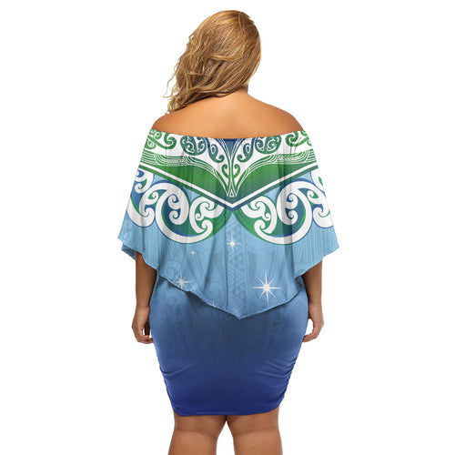Aotearoa New Zealand New Year Family Matching Off Shoulder Short Dress and Hawaiian Shirt Maori Motifs with Silver Fern and Matariki Stars