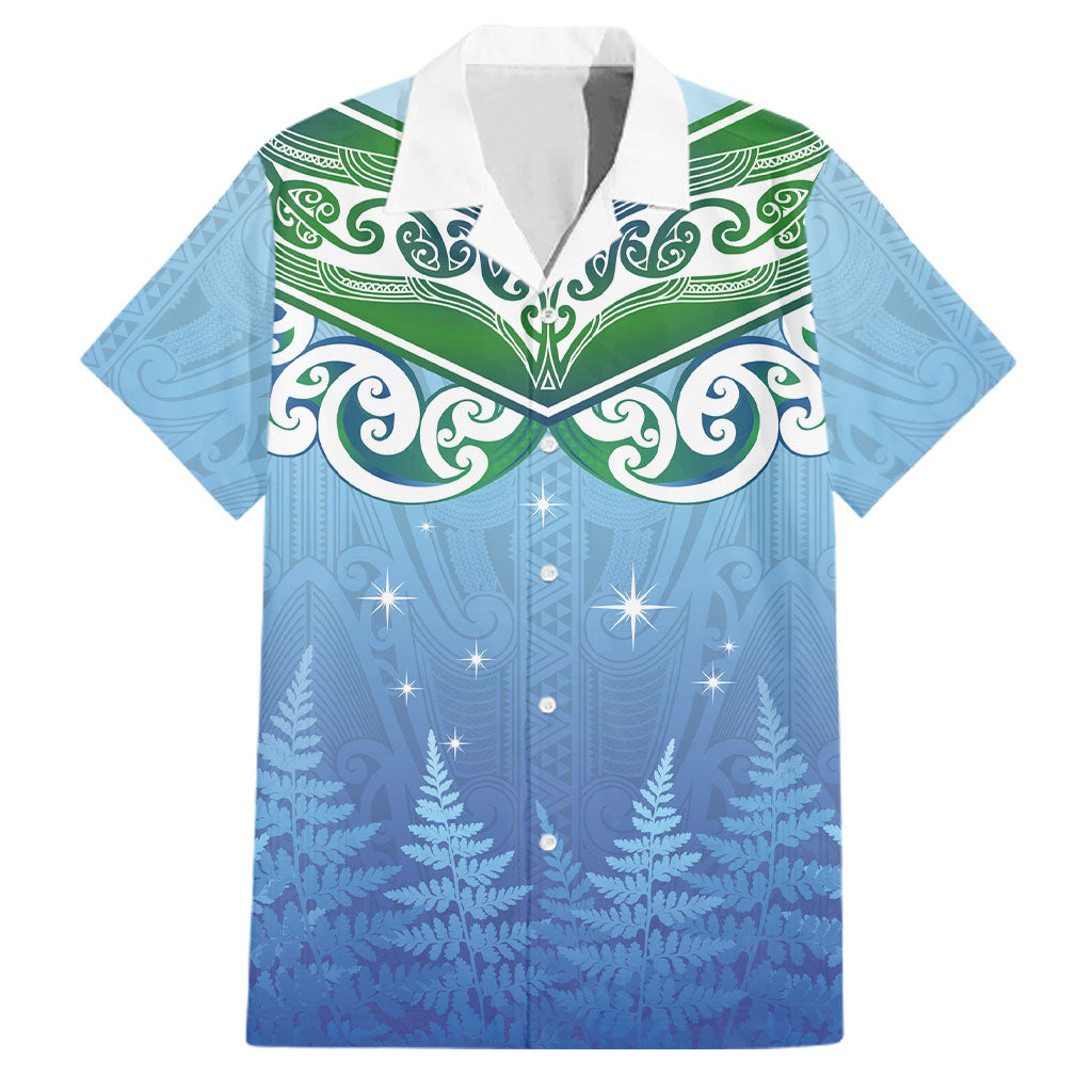 Aotearoa New Zealand New Year Family Matching Short Sleeve Bodycon Dress and Hawaiian Shirt Maori Motifs with Silver Fern and Matariki Stars