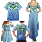 Aotearoa New Zealand New Year Family Matching Summer Maxi Dress and Hawaiian Shirt Maori Motifs with Silver Fern and Matariki Stars